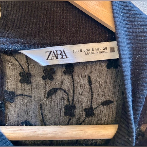 Zara Sheer Black Floral Long sleeve Top Blouse - Picture 7 of 7